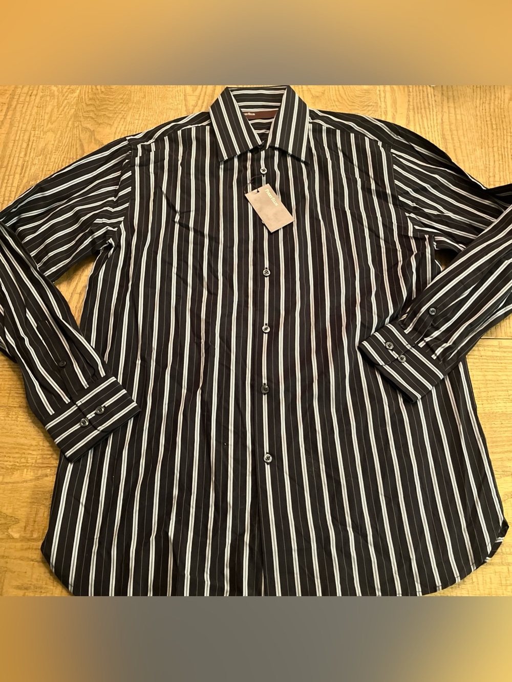 Vintage NWT Perry Ellis Regular Black Blue Striped Cotton Dress Shirt Medium M